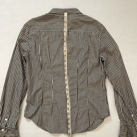 FRAME Size Small Bell Sleeve Button Down Top, Sage Green Striped Poplin Blouse - Picture 7 of 9